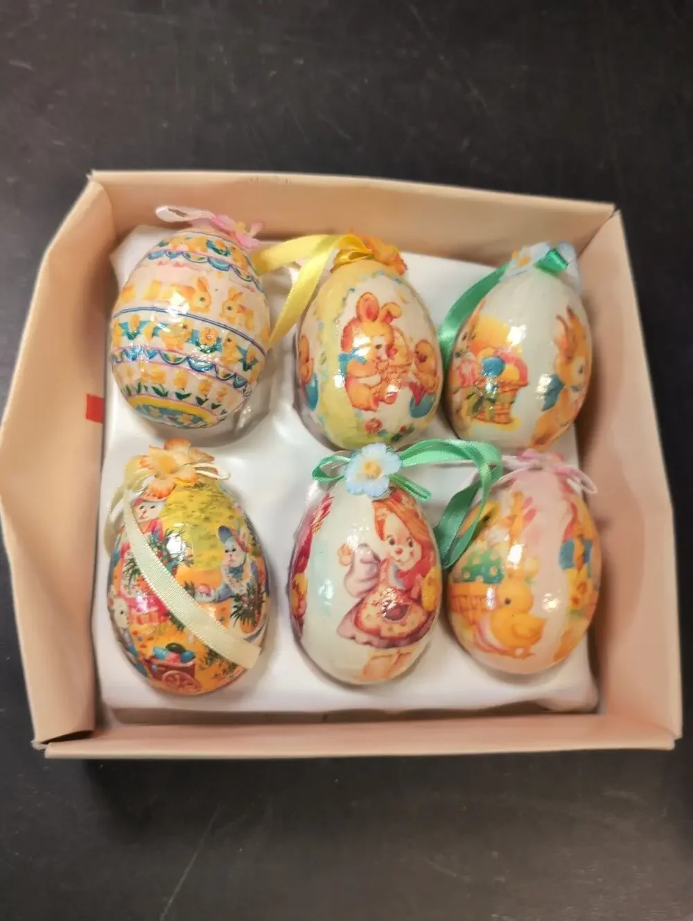 6 Vintage Easter Egg Paper Mache Decoupage Ornaments Bunny Chick Kitschy 3”